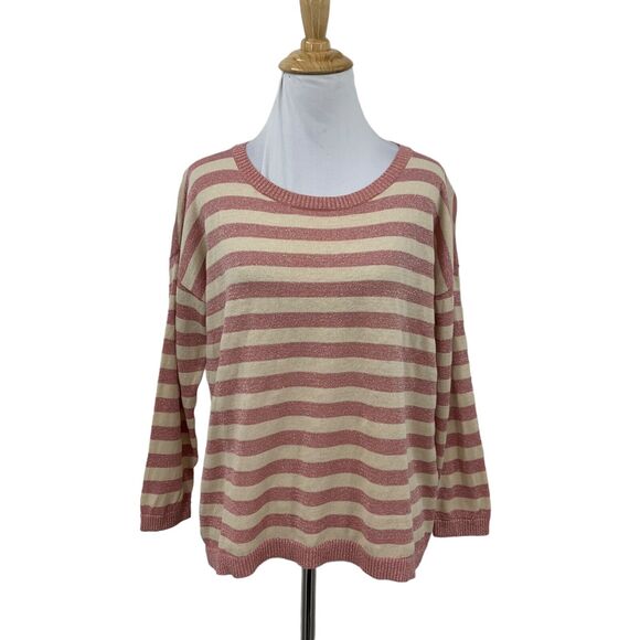 Ann Taylor Loft Sweater Womens S Small Cream Pink Shimmer Striped Crew Neck - Picture 1 of 12